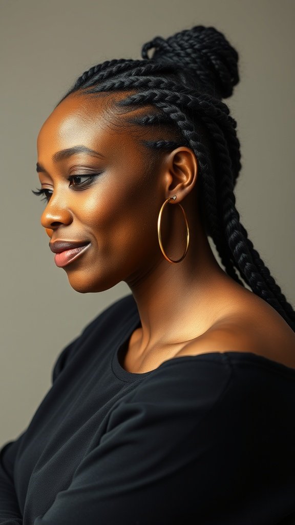 A woman with knotless braids styled with curly ends, showcasing a confident and stylish look.