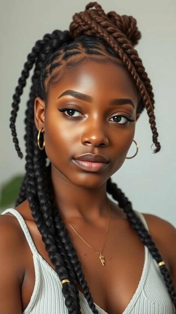 A woman with medium boho knotless braids, showcasing a stylish and protective hairstyle.