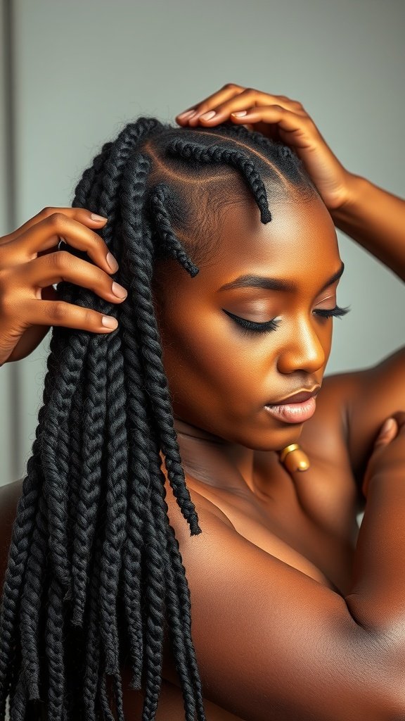 A close-up of a woman with short boho knotless braids, showcasing a stylish and protective hairstyle.