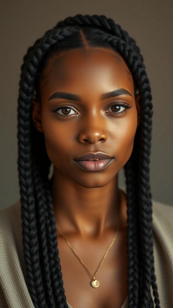 A close-up of a person with long knotless braids, showcasing their beauty and hairstyle.