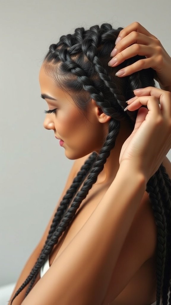 A woman styling her knotless braids, showcasing a protective hairstyle that emphasizes self-care.