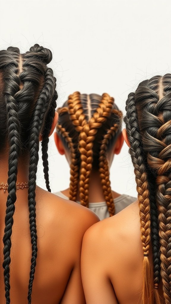 Three individuals showcasing unique knotless braid styles from the back, featuring a mix of black and honey-colored braids.
