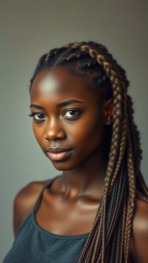 A close-up of a person with beautiful knotless braids, showcasing a blend of colors and styles.