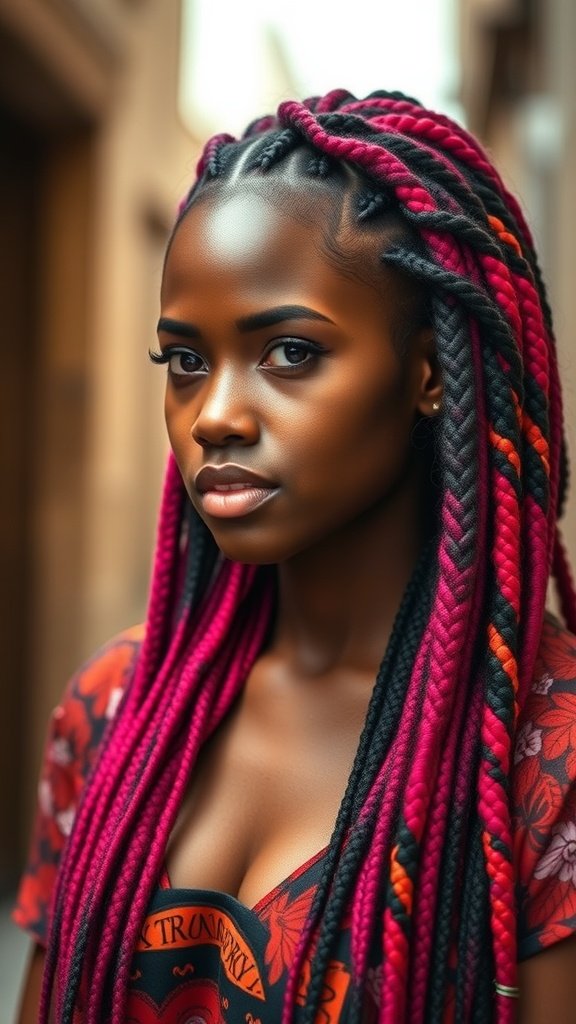 A woman with vibrant short boho knotless braids, showcasing a stylish and expressive hairstyle.