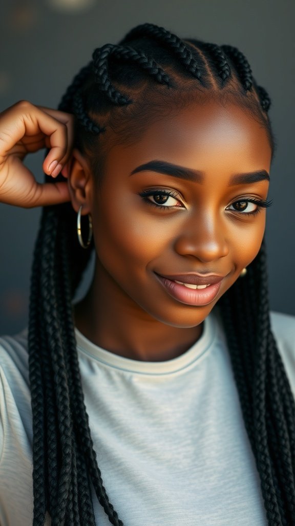 A woman with short bohemian knotless braids, smiling and showcasing her hairstyle.