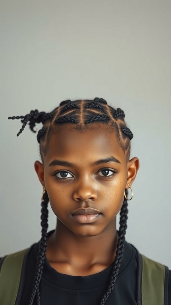 A young person with stylish knotless braids, showcasing a unique hairstyle.