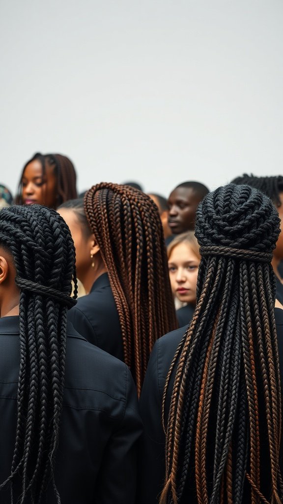A group of individuals showcasing various styles of knotless braids, highlighting diversity in hair lengths and colors.