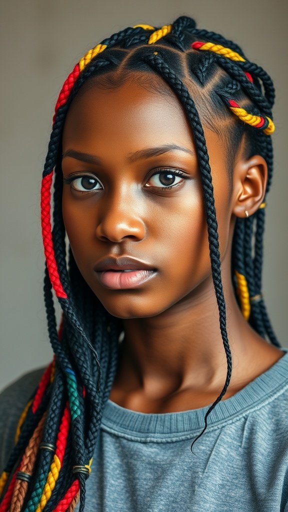 A close-up of a person with colorful knotless braids, showcasing a unique hairstyle.