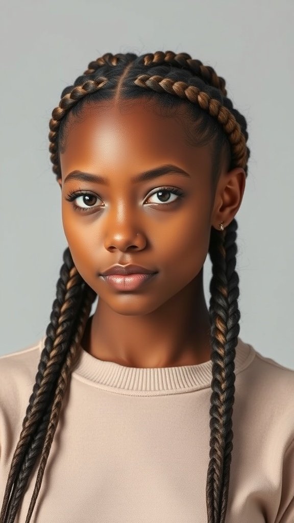 A young woman with medium long knotless braids styled elegantly.