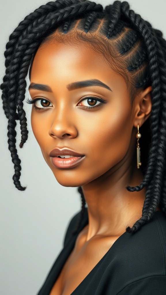 A close-up of a woman with stylish knotless braids, showcasing a blend of blonde and boho elements.