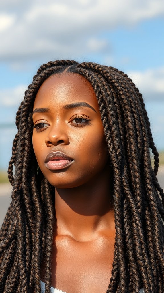 A woman with beautiful knotless braids, showcasing a stylish and elegant hairstyle.