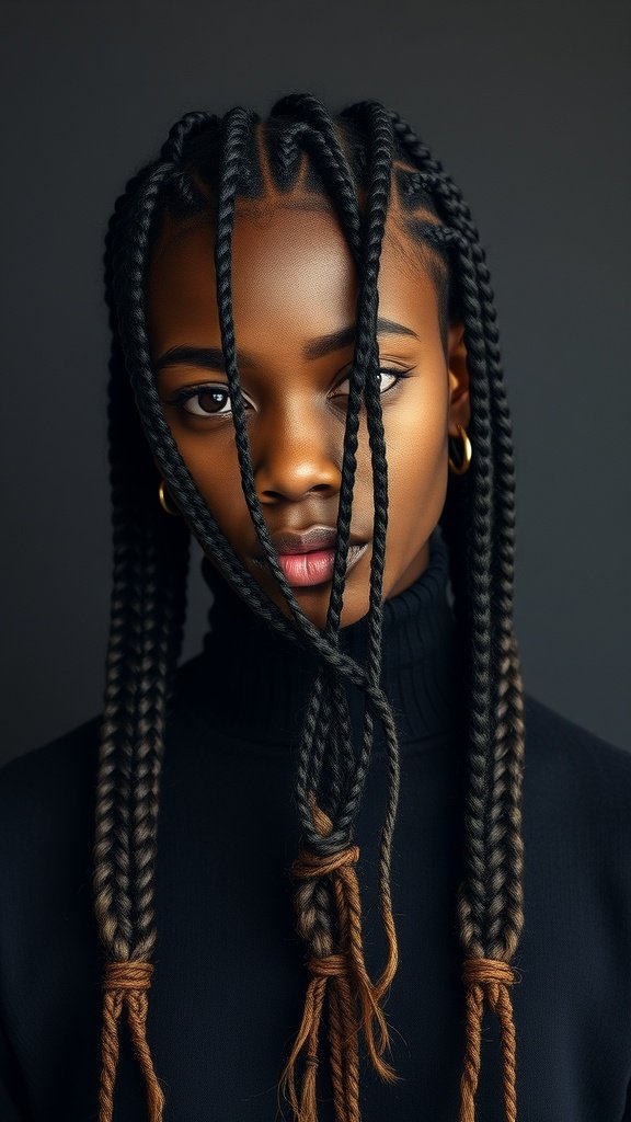 A close-up of a person with Fulani knotless braids, showcasing intricate patterns and a stylish look.