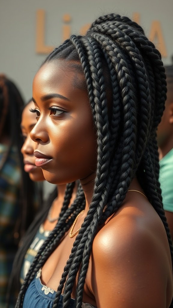A woman with long knotless braids, showcasing a beautiful hairstyle.
