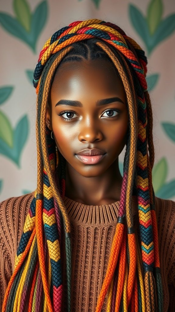 A model with long, colorful knotless braids, showcasing a vibrant hairstyle.
