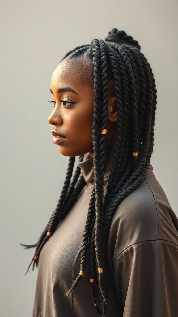 A profile view of a person with honey blonde knotless braids, showcasing the style and color.