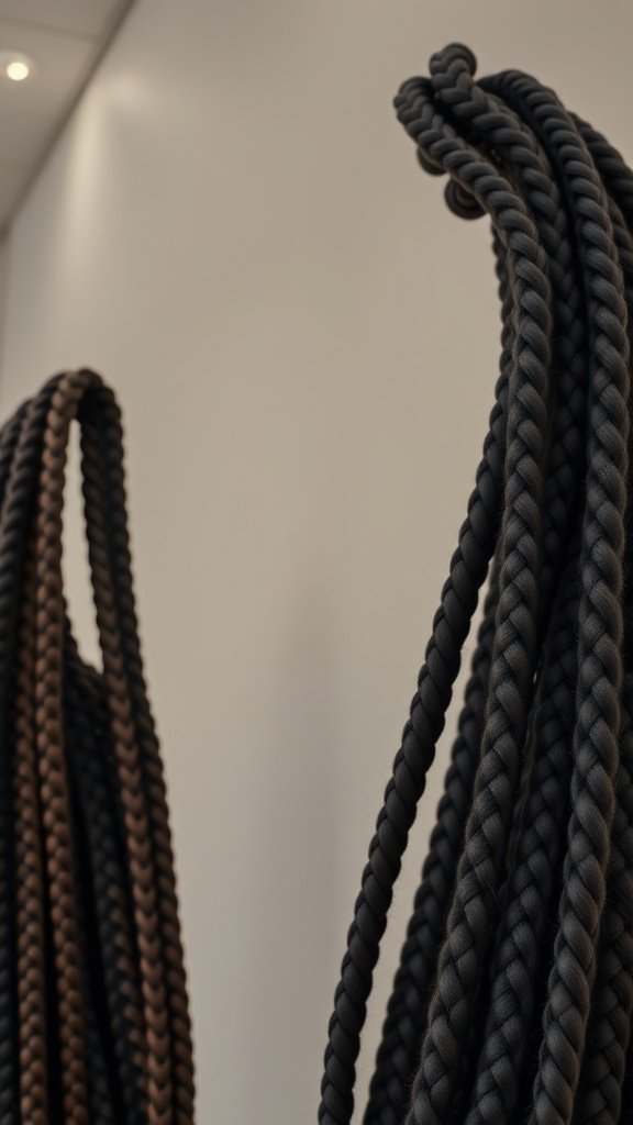 Large knotless box braids hanging in a salon, showcasing different colors and textures.