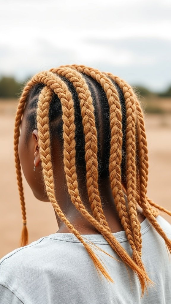 A close-up view of honey blonde knotless braids styled in a neat and elegant manner.