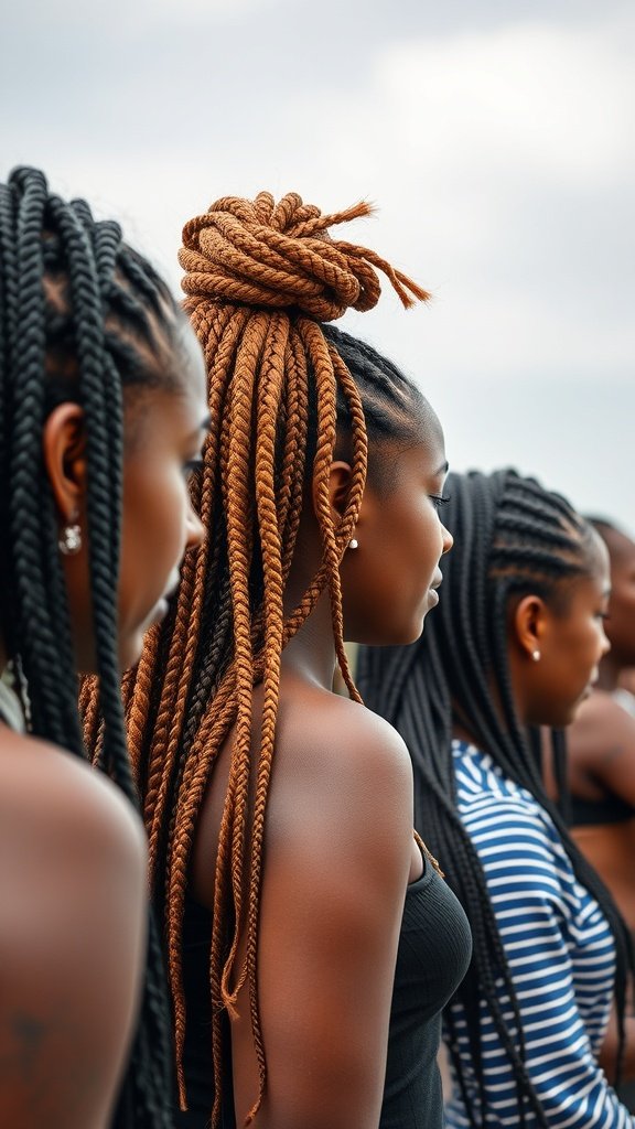 Women with knotless braids in different shades of brown, showcasing various styles.