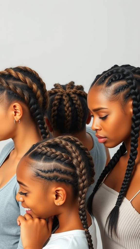 A group of women showcasing various styles of small knotless braids, highlighting their beauty and versatility.