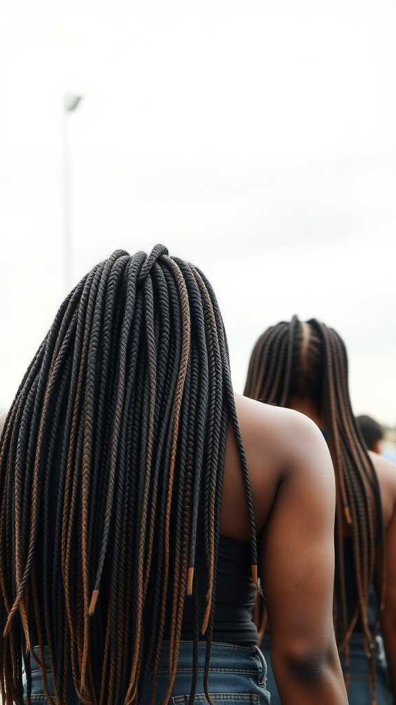 A woman with large knotless braids cascading down her back, showcasing a stylish and protective hairstyle.