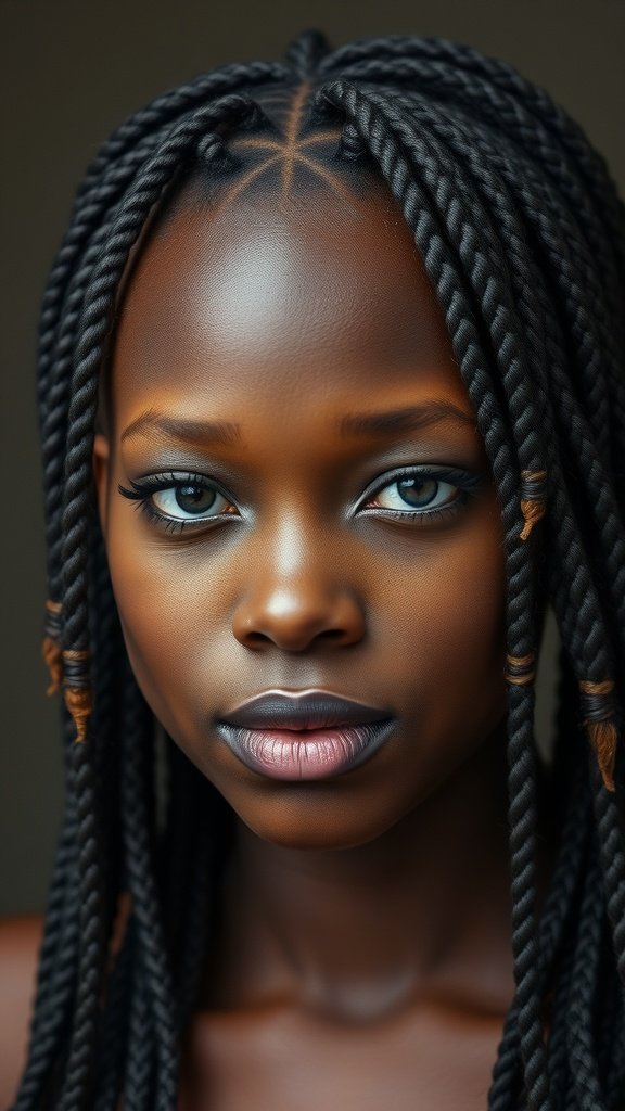 A close-up of a person with knotless braids featuring curly ends, showcasing a stylish and expressive hairstyle.