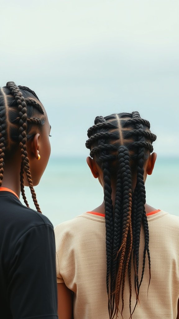 Two individuals with small boho knotless braids, standing by the beach, showcasing a stylish and carefree look.