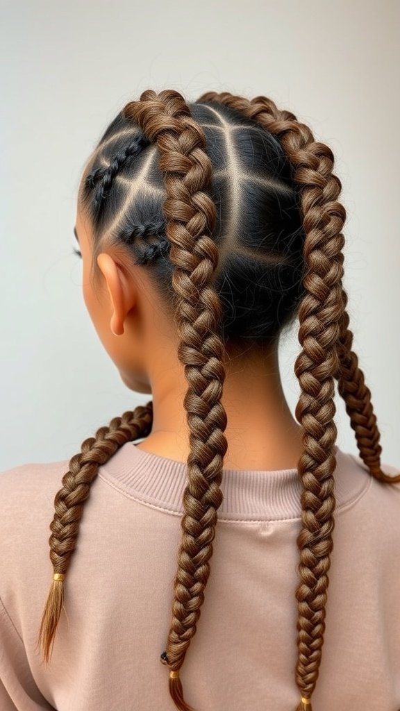A close-up view of short bohemian knotless braids styled in a neat pattern.