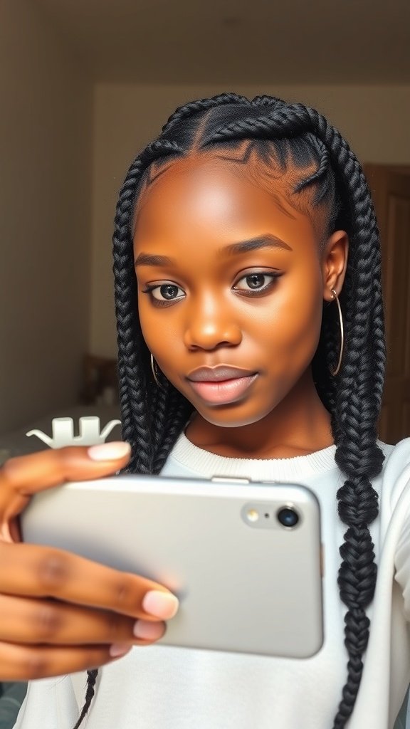 A young woman with knotless braids taking a selfie