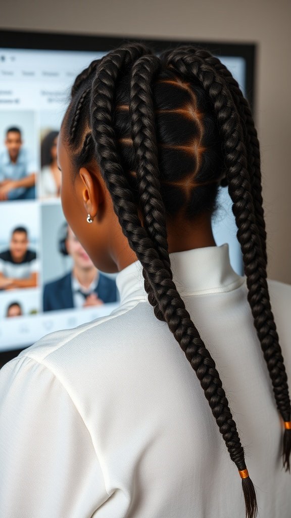 A person with stylish knotless braids looking at a screen displaying various hairstyles.