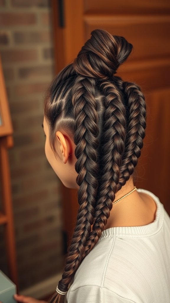 A woman with honey brown knotless braids styled in a unique way.
