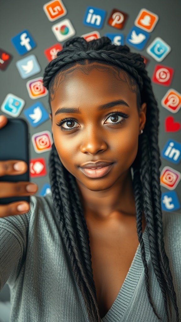 A young woman with knotless braids taking a selfie, surrounded by social media icons.