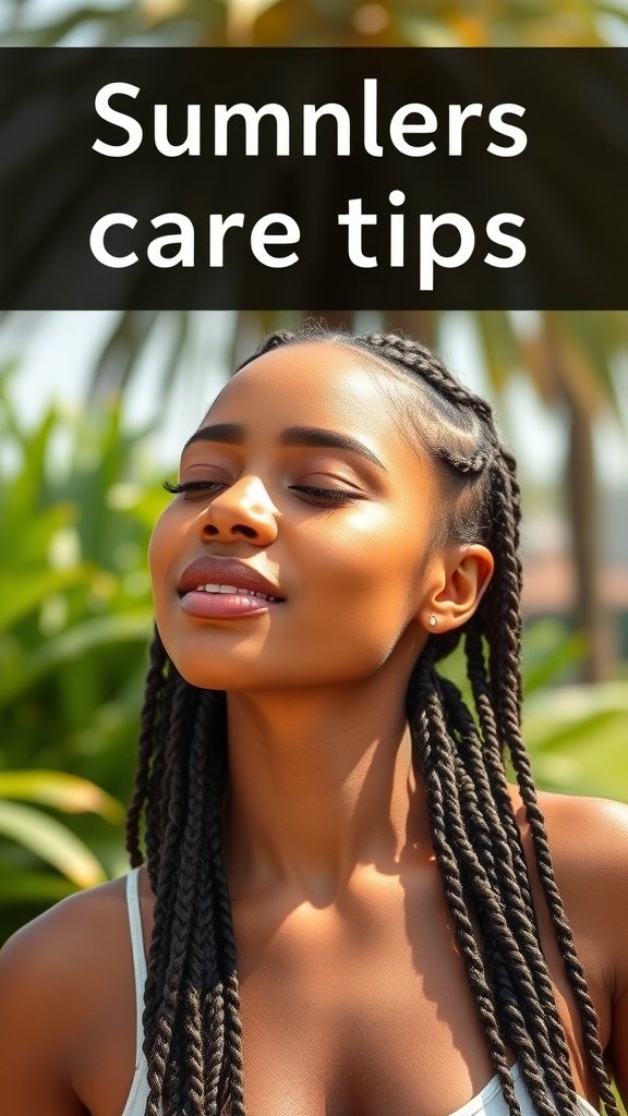 A woman with knotless braids enjoying the sun, showcasing summer care tips.