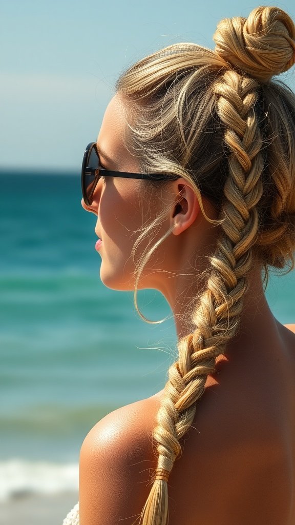 A woman with blonde boho knotless braids, enjoying a sunny day by the beach.