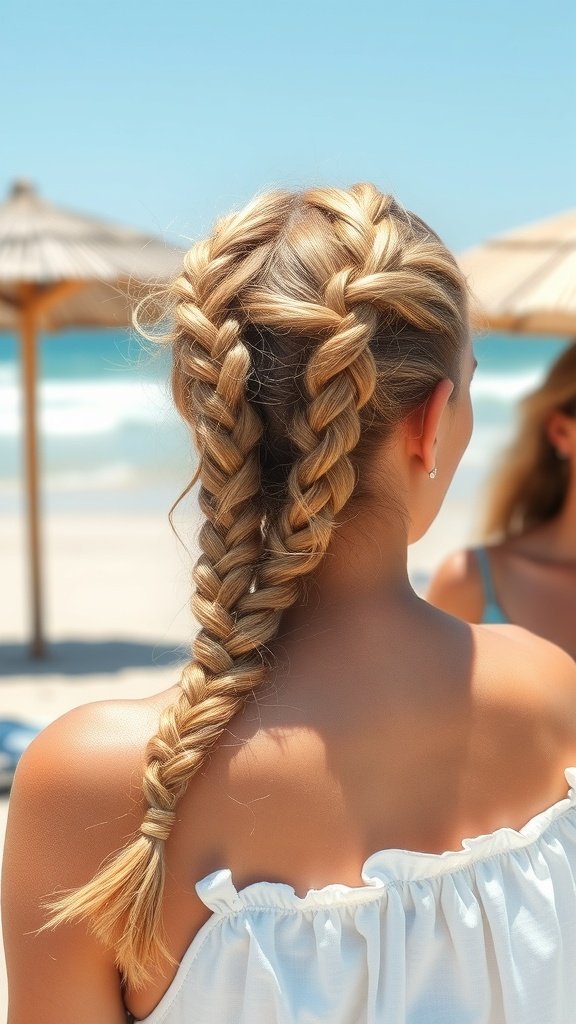 A woman with honey blonde knotless braids at the beach, enjoying the summer sun.