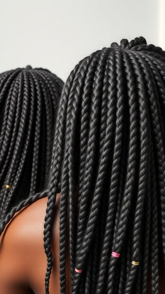 Close-up of long knotless braids with colorful beads