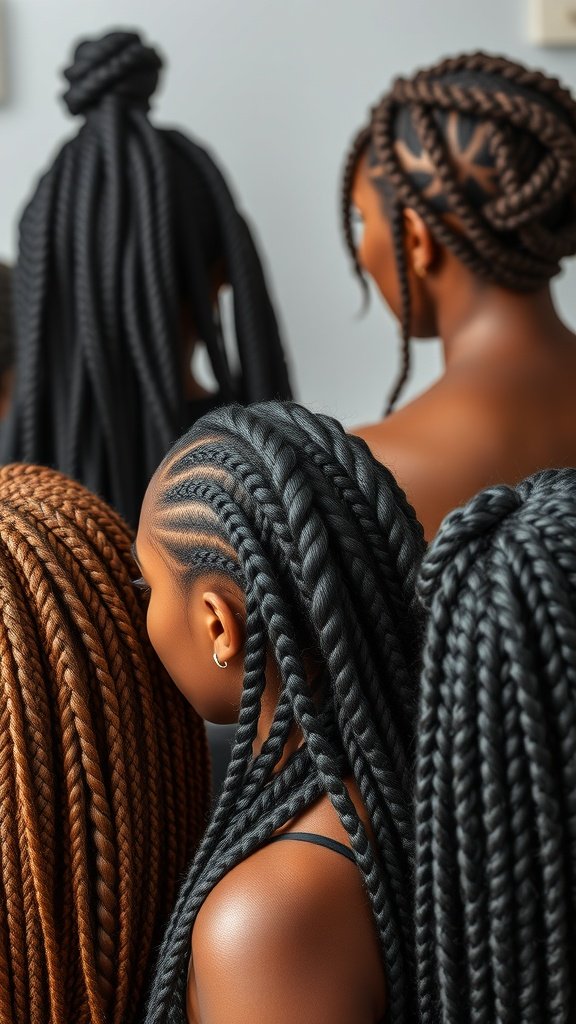 Various styles of small knotless braids showcasing different textures and colors.