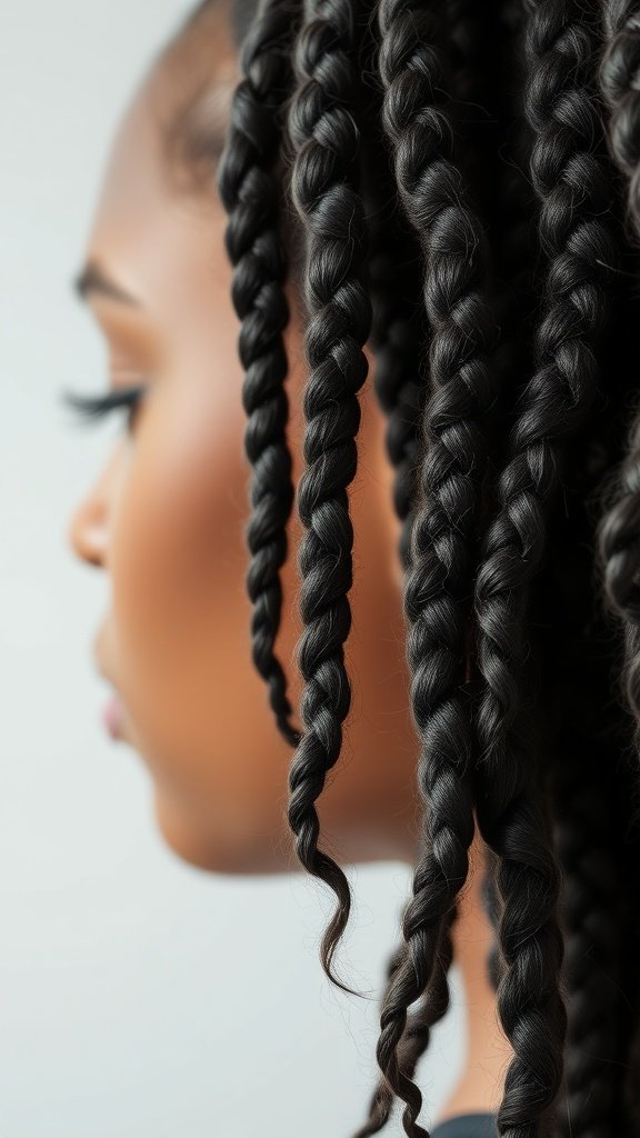 Close-up of knotless braids with curly ends, showcasing texture and style.