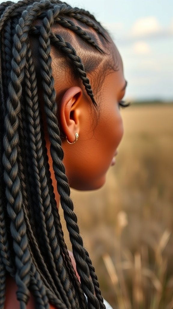 A close-up of a person with small boho knotless braids, showcasing the intricate hairstyle against a natural background.