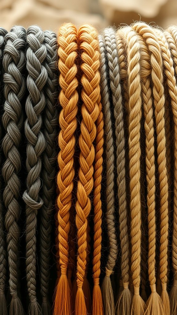Various colors of knotless braids displayed together