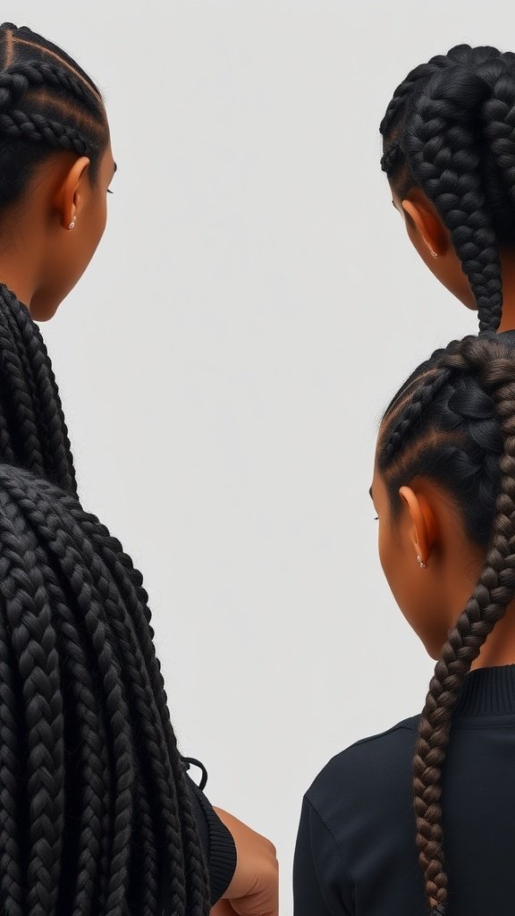A close-up view of honey brown knotless braids showcasing different styles and lengths.