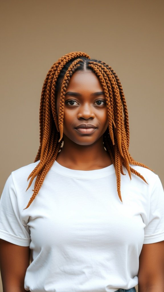 A person with honey brown knotless braids, showcasing a trendy hairstyle.