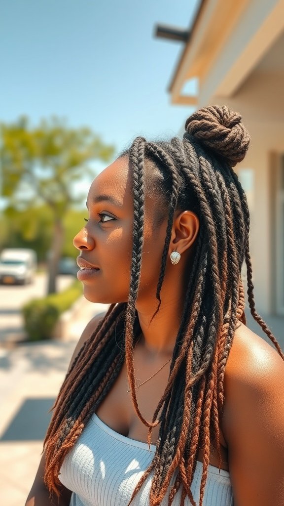 A woman with knotless braids styled in a bob, showcasing a trendy and protective hairstyle.