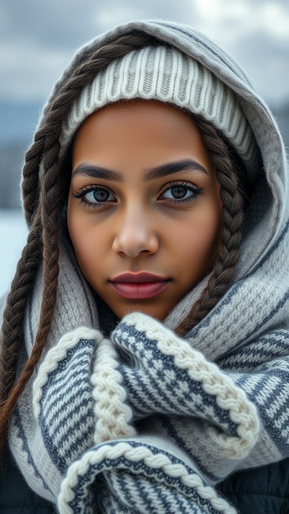 A person with long knotless braids wearing a cozy hat and scarf in a winter setting.