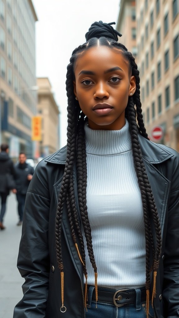 A model showcasing medium boho knotless braids in a city setting.