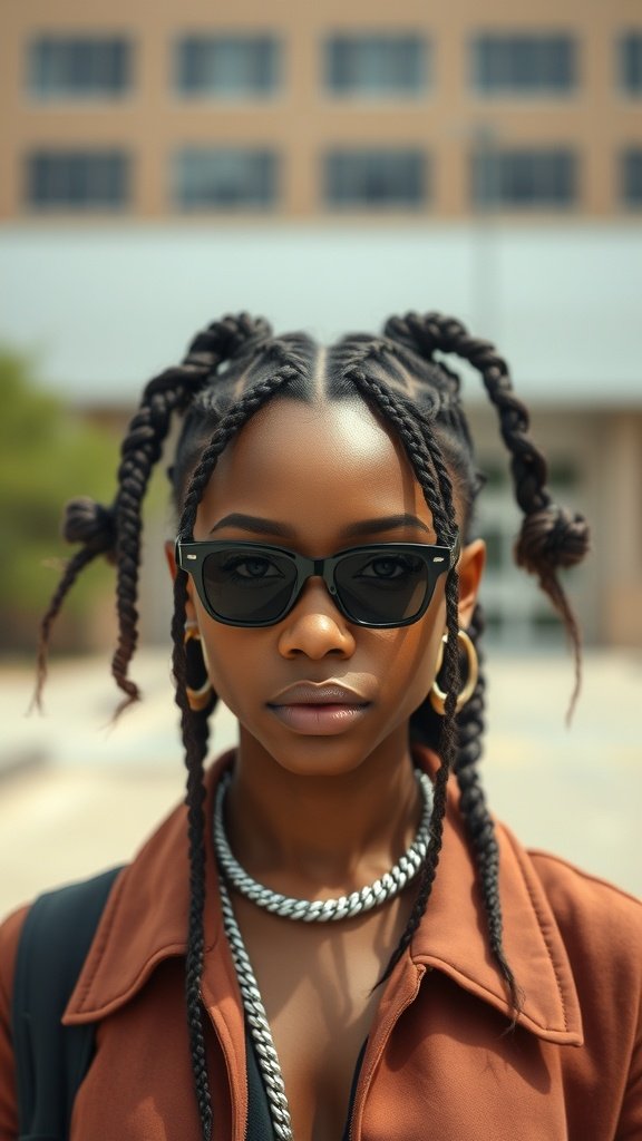 A person with small brown knotless braids, wearing sunglasses and a stylish outfit.