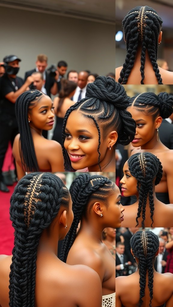 A collage of knotless braids styled with curls, showcasing different angles and details.