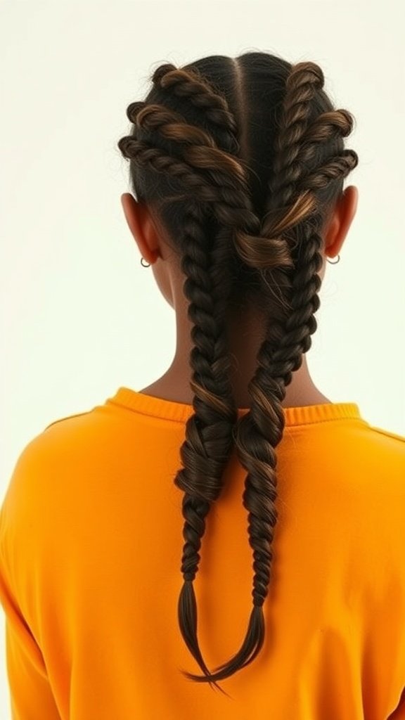 Back view of a person with stylish knotless braids, showcasing a neat and trendy hairstyle.