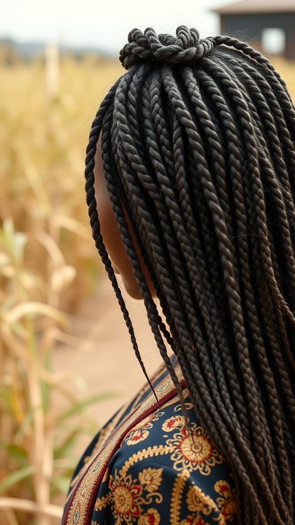 A person with long knotless braids styled in an updo, set against a backdrop of golden fields.