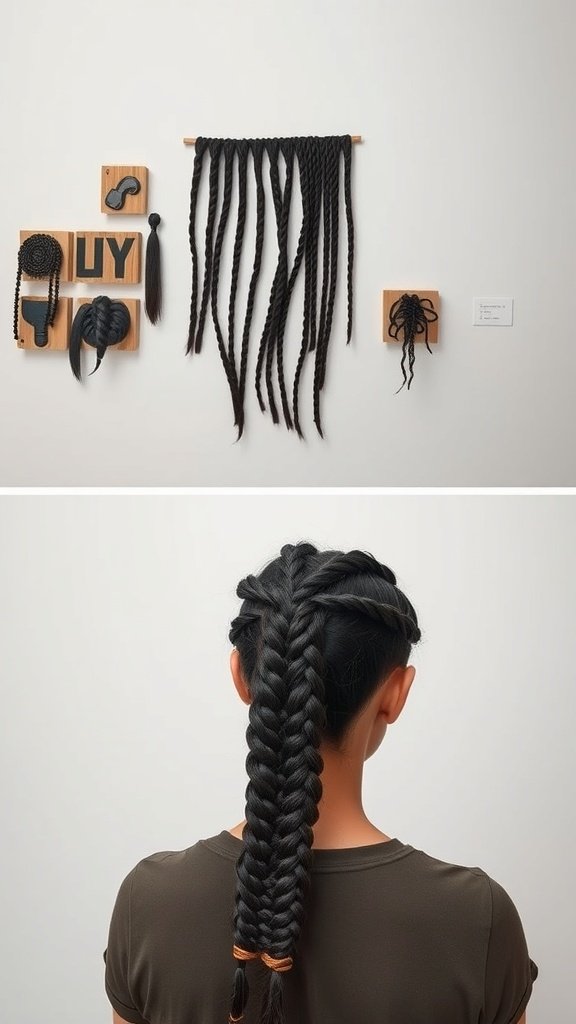 Display of various knotless braid styles, showcasing creativity and versatility in hair design.