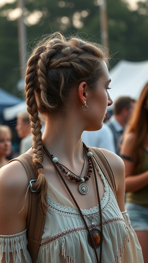 A woman with small boho knotless braids at a festival, wearing a light-colored top and accessories.